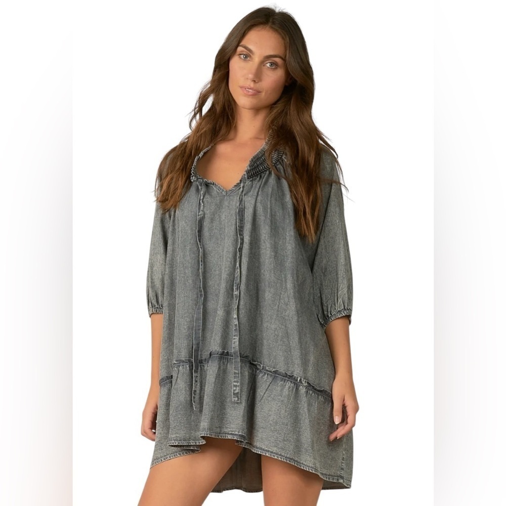 NWT Elan oversized mini high low charcoal grey wash 3/4 sleeve dress sz medium